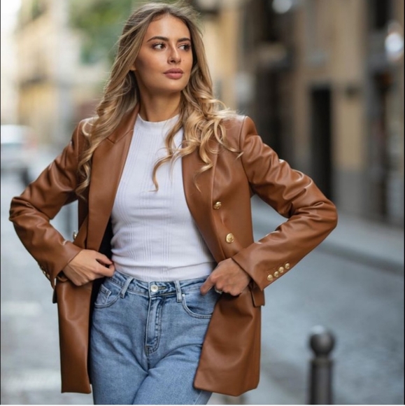 ZARA Faux Leather Brown Blazer Size S - Picture 3 of 16